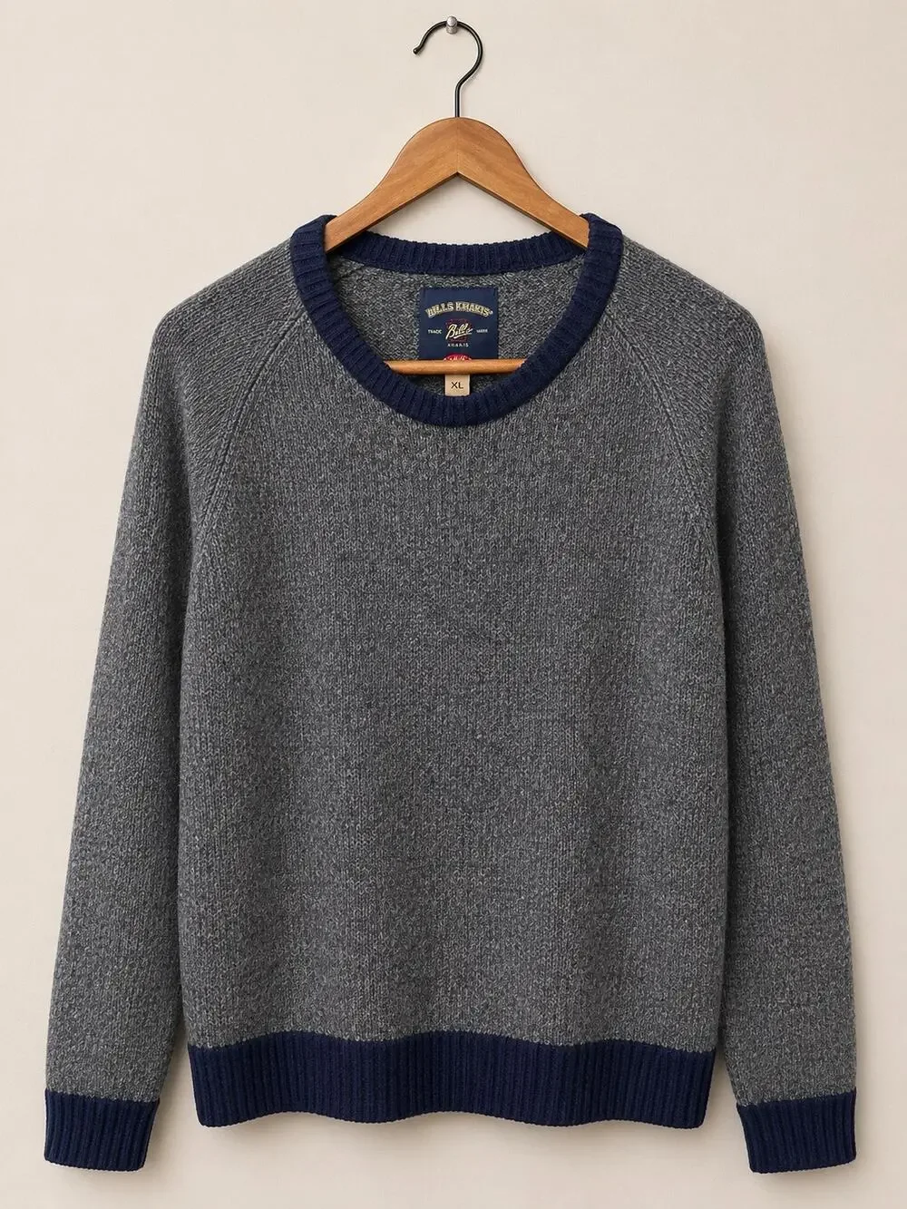 Bills Khakis Mens XL Wool Sweater Gray Blue Crewneck Made in USA Classic Preppy